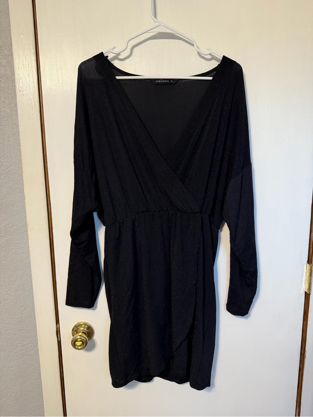Long-Sleeve Black Sparkle Wrap Dress by